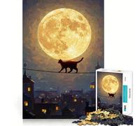 Jigsaw 1000 Pieces for Teenagers Cat on A Wire, Full Moon Fine Cut Art Logic Fun Toy Cozy Time Play Christmas Wall Decor (50x75cm)