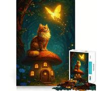 Jigsaw 1000 Pieces for Teenagers Cat on Mushroom House with Butterfly Exact Edge Art Smart Mind Activity Cozy Time Game Birthday Art Gift (50x75cm)