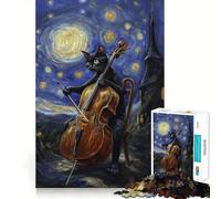 Jigsaw 1000 Pieces for Teenagers Cat Playing Cello Under Starry Night Exact Edge Art Smart Mind Activity Cozy Time Game Birthday Art Gift (50x75cm)