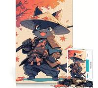 Jigsaw 1000 Pieces for Teenagers Cat Samurai Illustration - Japanese Room Fine Joint Fun Brain Teasing Play Cozy Game Play Birthday Game Gift (38x52cm)