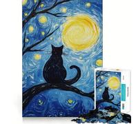 Jigsaw 1000 Pieces for Teenagers Cat Under Starry Night Landscape Fine Joint Fun Brain Teasing Play Cozy Game Play Birthday Game Gift (50x75cm)