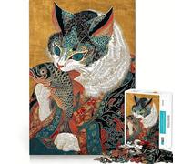 Jigsaw 1000 Pieces for Teenagers Cat with Fish in Ukiyo-e Style Sharp Cut Craft Mental Exercise Fun Chill Time Play Birthday Activity (50x75cm)