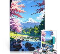 jigsaw 1000 pieces for teenagers cherry blossom Japan art fuji mountain spring landscape green forest trees lake and rocks anime style colorful cute scene white clouds and sky 75x50cm