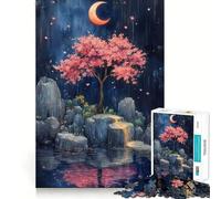 Jigsaw 1000 Pieces for Teenagers Cherry Blossom Tree Under Crescent Moon Sharp Cut Craft Mental Exercise Fun Chill Time Play Birthday Activity (50x75cm)