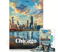 Jigsaw 1000 Pieces for Teenagers Chicago Skyline Painting Fine Joint Fun Brain Teasing Play Cozy Game Play Birthday Game Gift (50x75cm)
