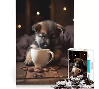 Jigsaw 1000 Pieces for Teenagers German Shepherd Coffee Pup, Educational Game, Interesting Stress Reduction, Artists Collection, Fine Art 38x52cm
