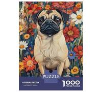 Jigsaw 1000 Pieces for Teenagers Pug in A Flower Field Pug Surrounded by Blooms Dog Wall Art Print Jigsaws for Adults Relax Games Birthday Present Unique Gifts for Birthday And Christmas 70x50cm/100