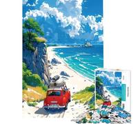 Jigsaw 1000 Pieces for Teenagers Red Car on Coastal Cliff Help The Brain Exercise Wall Art Home Decoration Toys Suitable for People Aged 14 And Above (50x75cm)