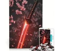 Jigsaw 1000 Pieces for Teenagers Red Katana with Cherry Blossoms Relaxing Games Difficult Challenge Artists' Collection Fine Arts 38x52cm