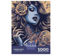 Jigsaw 1000 Pieces for Teenagers Tattooed Woman with Roses Puzzles for Adults Fun Games Stress Reliever Unique Gifts for Birthday And Christmas 52x38cm/1000pcs