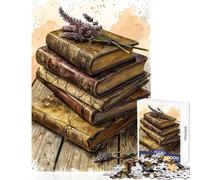 Jigsaw 1000 Pieces for Teenagers Vintage Books And Lavender Relax Games Difficult Challenge Anti-Stress Toys with Fully Interlocking Randomly Shaped Pieces (38x52cm)