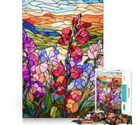 Jigsaw 1000 Pieces Stained Glass Sunset Flowers Perfect Edge Play Cognitive Fun Play Slow Play Fun Xmas Art Display(38x26cm)