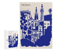 Jigsaw 300 PCS for Adults Barcelona Cityscape Blue Silhouette Illustration Jigsaw Puzzle Brain Teaser Game Difficult Hard Deal As Gifts for The Whole Family 300 PCS