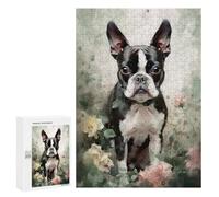 Jigsaw 300 PCS for Adults Boston Terrier Flowers Puzzle for Adults Relaxing Games Analysis And Logic Stress Reduction Gifts 300 PCS
