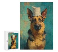 `jigsaw 300 PCS for Adults German Shepherd with Toilet Paper Hat Jigsaws for Adults Puzzle Stress Reliever Challenging To Complete Stress Reduction Gifts 300 PCS