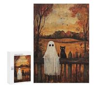 `jigsaw 300 PCS for Adults Ghost Cat Halloween Art Print Jigsaws for Adults Puzzle Stress Reliever Challenging To Complete Stress Reduction Gifts 300 PCS
