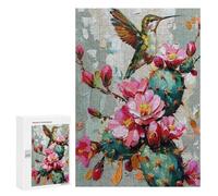 `jigsaw 300 PCS for Adults Hummingbird on Cactus with Pink Flowers Jigsaws for Adults Puzzle Stress Reliever Challenging To Complete Stress Reduction Gifts 300 PCS