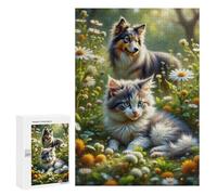 Jigsaw 300 PCS for Teenagerss A Serene Outdoor Scene Featuring A Playful Kitten And A Dog in A Lush Green Setting. In Th Puzzles for Teenagerss Analysis And Logic Parent-child Interaction Challenging