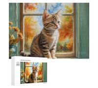 Jigsaw 300 PCS for Teenagerss Autumn Window Cat Jigsaw Relax Games Difficult Challenge Unique Gifts for Birthday And Christmas 300 PCS