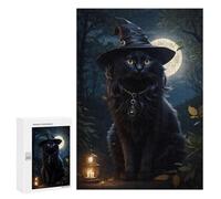 Jigsaw 300 PCS for Teenagerss Magical Black Cat with Witch Hat Puzzles for Teenagerss Analysis And Logic Parent-child Interaction Challenging Game Toys 300 PCS