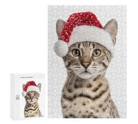 Jigsaw 300 PCS for Teenagerss Savannah Cat Wearing A Santa Hat Jigsaw for Adults Toy Wall Decor Presents for Women Unique Gifts for Birthday And Christmas 300 PCS