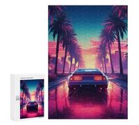 Jigsaw 300 PCS Neon Palm Cityscape with Retro Car Jigsaw Puzzles for Adults Improve Memory Challenging To Complete Christmas Birthday Gifts 300 PCS
