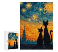 Jigsaw 300 PCS Starry Night Cats Silhouette Jigsaw Puzzles for Teenagers Improve Memory Educational Challenge Gifts for Friends And Family 300 PCS