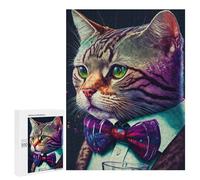 Jigsaw 500 PCS Colorful Cat with Bow Tie Art Print Jigsaw Puzzles for Adults Improve Memory Challenging To Complete Christmas Birthday Gifts 500 PCS