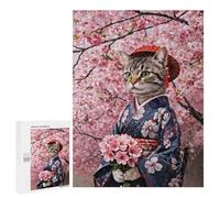 Jigsaw 500 PCS for Adults Cat in Kimono with Cherry Blossoms Jigsaw Puzzle Brain Teaser Game Difficult Hard Deal As Gifts for The Whole Family 500 PCS