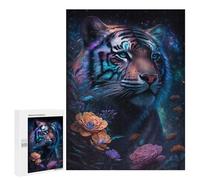 Jigsaw 500 PCS for Adults Glowing Tiger Flowers Art Print Jigsaw Puzzle Brain Teaser Game Difficult Hard Deal As Gifts for The Whole Family 500 PCS