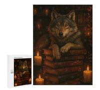 Jigsaw 500 PCS for Adults Wolf Resting on Books with Candles Puzzle for Adults Relaxing Games Analysis And Logic Stress Reduction Gifts 500 PCS