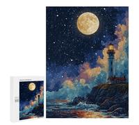 Jigsaw 500 PCS for Teenagers Moonlit Coastal Lighthouse Scene Puzzle For Teenagers Enhance Memory Challenging To Complete Family Fun & Game Night 500 PCS