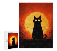 Jigsaw 500 PCS for Teenagerss Black Cat Silhouette with Orange Moon Puzzles for Adults Relax Games Staycation Kill Time for Is Ideal As A Gift 500 PCS