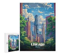 Jigsaw 500 PCS for Teenagerss Chicago Skyline Illustration Jigsaw Puzzle Family Games Pattern Assembly Unique Gifts for Birthday And Christmas 500 PCS