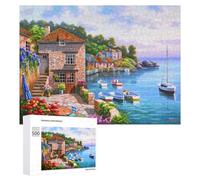 Jigsaw 500 PCS for Teenagerss Coastal Cottage with Boats Puzzle Jigsaw Relax Games Difficult Challenge Unique Gifts for Birthday And Christmas 500 PCS