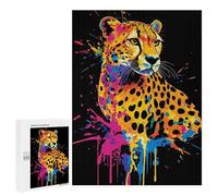 Jigsaw 500 PCS for Teenagerss Colorful Cheetah Portrait on Black Background Puzzles for Adults Relax Games Staycation Kill Time for Is Ideal As A Gift 500 PCS