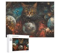Jigsaw 500 PCS for Teenagerss Cosmic Cat Sorcerer Holding Planets Puzzles for Adults Relaxing Games Analysis And Logic Parent-child Interaction 500 PCS