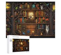 Jigsaw 500 PCS for Teenagerss Magical Library with Cats And Books Jigsaw Relax Games Difficult Challenge Unique Gifts for Birthday And Christmas 500 PCS
