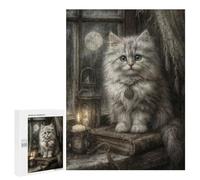 Jigsaw 500 PCS for Teenagerss Mystical White Cat with Full Moon Jigsaw Puzzle Family Games Pattern Assembly Unique Gifts for Birthday And Christmas 500 PCS