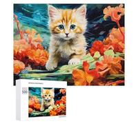 Jigsaw 500 PCS for Teenagerss Painted Kitten with Flowers Jigsaw Relax Games Difficult Challenge Unique Gifts for Birthday And Christmas 500 PCS