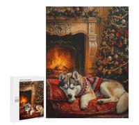 Jigsaw 500 PCS for Teenagerss Sleeping Husky Dog by Fireplace Christmas Scene Jigsaw for Adults Toy Wall Decor Presents for Women Unique Gifts for Birthday And Christmas 500 PCS