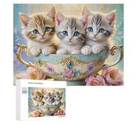 Jigsaw 500 PCS for Teenagerss Tea Cup Kittens Jigsaw Relax Games Difficult Challenge Unique Gifts for Birthday And Christmas 500 PCS