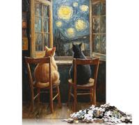 Jigsaw 500 Pieces Cats Couple Watching Starry Night Puzzles Adults Difficulty Jigsaw Puzzles Education Toys Games Family Decoration 500pcs (52x38cm)