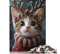 Jigsaw 500 Pieces Christmas Cat with Reindeer Antlers Jigsaw Puzzles Adults Difficulty Puzzles Jigsaw Education Games Toys Family Decoration 500pcs (52x38cm)