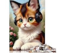 Jigsaw 500 Pieces Cute Cat with Headphones Jigsaw Puzzles Boys And Girls Puzzle Difficulty Jigsaw Puzzles Education Toys Games Family 500pcs (52x38cm)