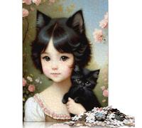 Jigsaw 500 Pieces Girl with Black Kitten Jigsaw Puzzles Adults Difficulty Puzzles Jigsaw Education Games Toys Family Decoration 500pcs (52x38cm)