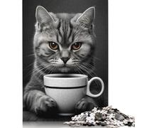Jigsaw 500 Pieces Grey Cat with A Coffee Cup Jigsaw Puzzles Adults Difficulty Puzzles Jigsaw Education Games Toys Family Decoration 500pcs (52x38cm)