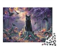 Jigsaw Black Cat on Stump Mushroom Forest Under Starry Sky Puzzle Fun Challenge Educational Toy, Pet Home Decoration Challenging, Great Gift Adults 38x26cm/1000pcs