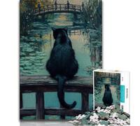 Jigsaw Black Cat Sitting on The Bridge 1000 Pieces Jigsaw Puzzle For Adults Teens,Toys Educational Games Stress Relieving Unique Home Decor And Gifts (50x75cm)