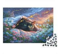 Jigsaw Black Cat Under Blanket in Flower Field Storm Puzzle 1000 Pieces Adults Educational Games Home Decoration 38x26cm/1000pcs
